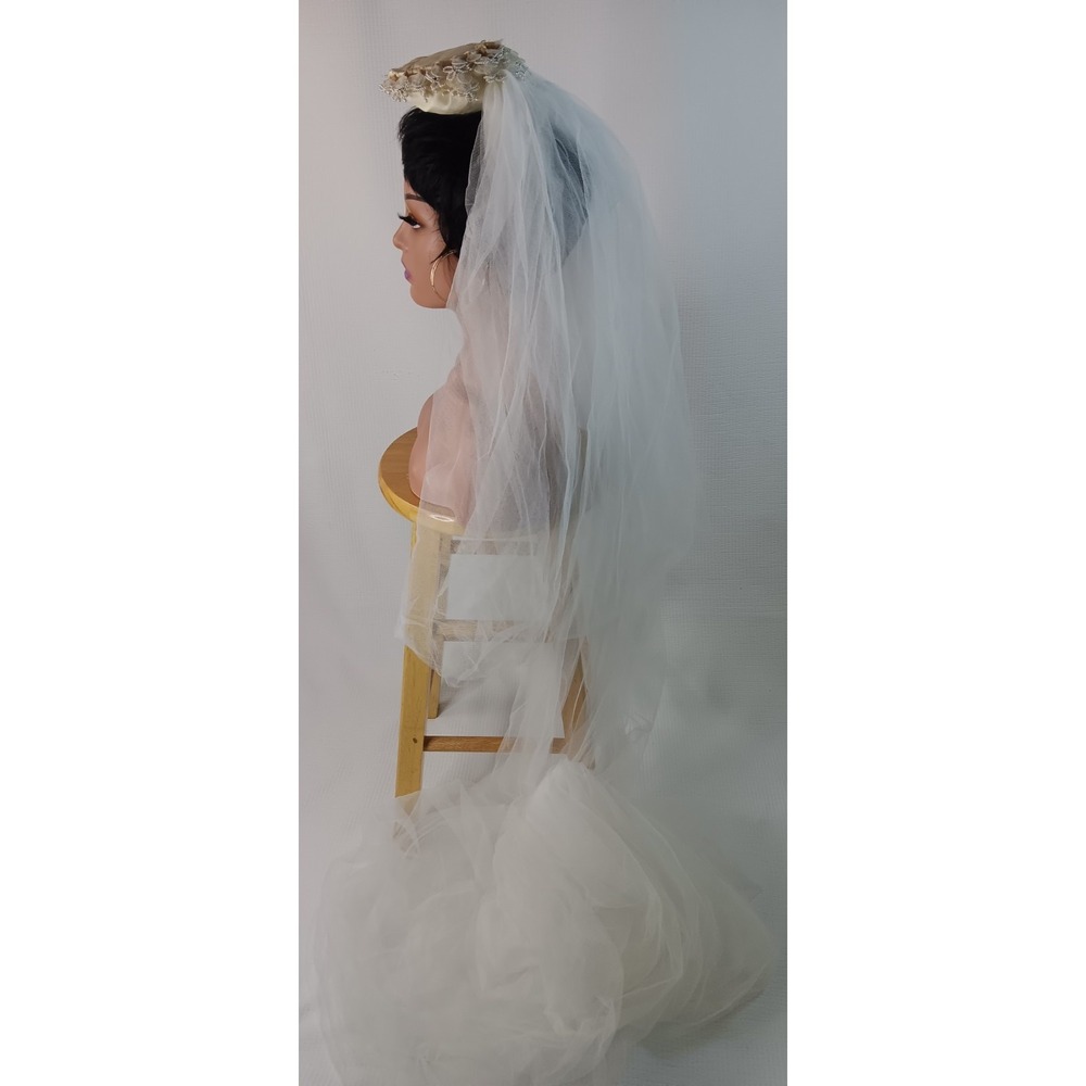 Vintage bridal wedding Tulle net beaded head piece layered long Veil 122.5" long
